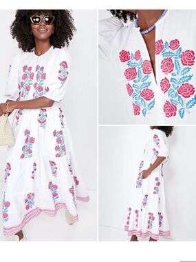 Oliphant Tuckernuck Pink Grandiflora Puff Sleeve Cotton Poplin Maxi Dress Sz M